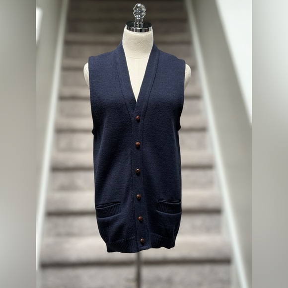 Vintage L.L. Bean 100% Wool Button Sweater Vest Navy Preppy Grandpa Core Men M - Picture 2 of 15